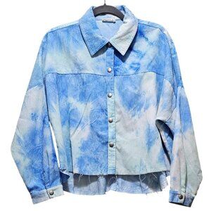 Tie-Dye Blue & White Corduroy Button-Up Crop Jacket With Frayed Hem  Medium  By